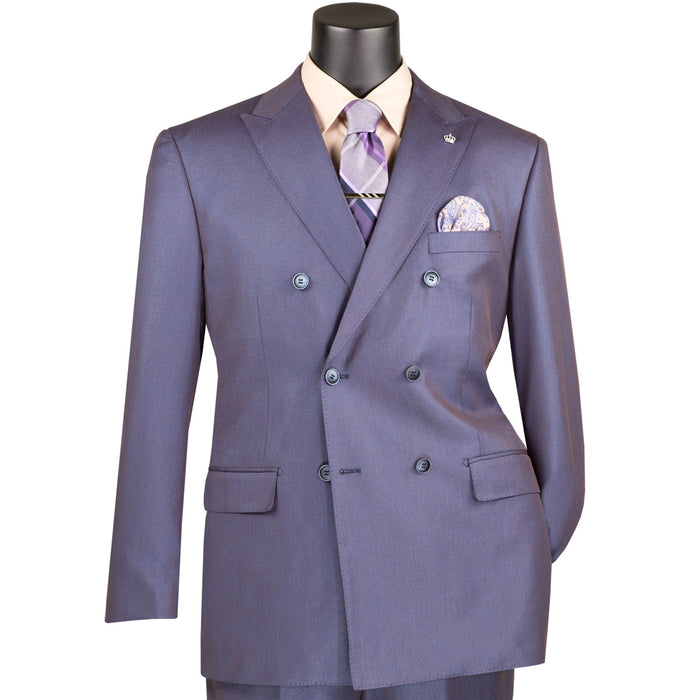 VINCI Men's Dusty Purple Sharkskin Double-Breasted Classic Fit Suit with Adjustable Waist – NEW. Features a peak lapel with pick stitch finish, upscale lining, and flat-front pants with flexible waistband and unfinished hems for custom tailoring. A refined and versatile suit for professional or evening wear. Available at Fashion House Inc. (FH Menswear, Style #DRK-5)