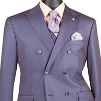 VINCI Men's Dusty Purple Sharkskin Double-Breasted Classic Fit Suit with Adjustable Waist – NEW. Features a peak lapel with pick stitch finish, upscale lining, and flat-front pants with flexible waistband and unfinished hems for custom tailoring. A refined and versatile suit for professional or evening wear. Available at Fashion House Inc. (FH Menswear, Style #DRK-5)