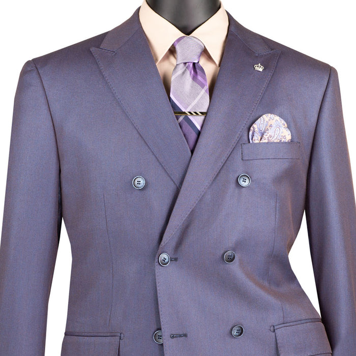 VINCI Men's Dusty Purple Sharkskin Double-Breasted Classic Fit Suit with Adjustable Waist – NEW. Features a peak lapel with pick stitch finish, upscale lining, and flat-front pants with flexible waistband and unfinished hems for custom tailoring. A refined and versatile suit for professional or evening wear. Available at Fashion House Inc. (FH Menswear, Style #DRK-5)