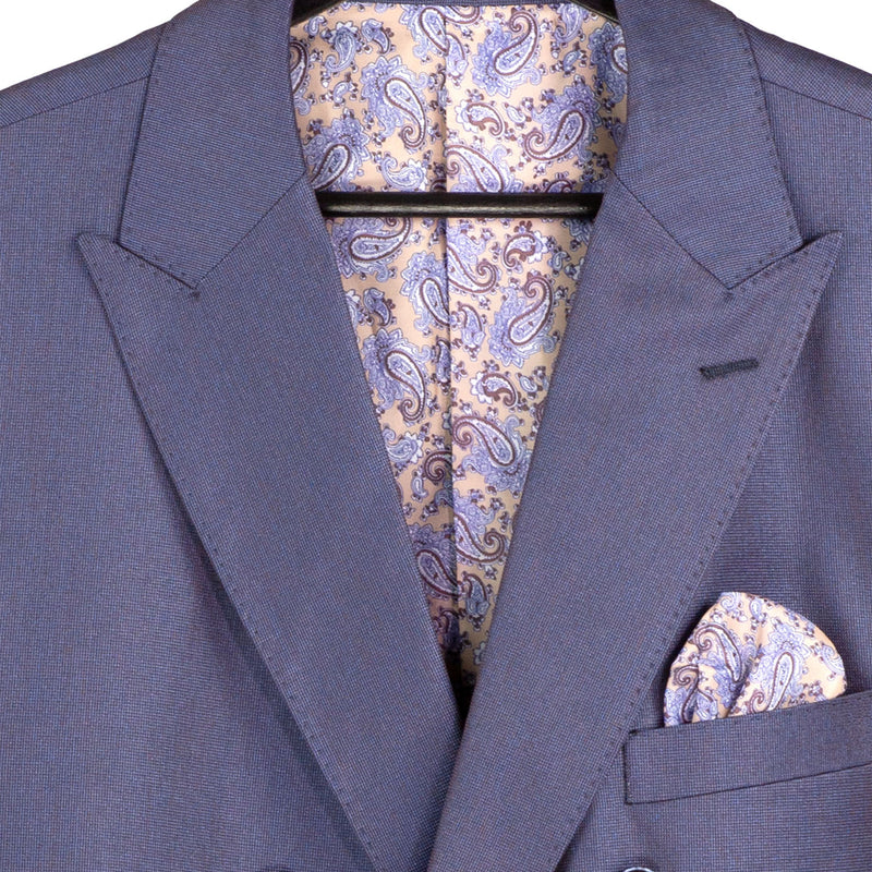 VINCI Men's Dusty Purple Sharkskin Double-Breasted Classic Fit Suit with Adjustable Waist – NEW. Features a peak lapel with pick stitch finish, upscale lining, and flat-front pants with flexible waistband and unfinished hems for custom tailoring. A refined and versatile suit for professional or evening wear. Available at Fashion House Inc. (FH Menswear, Style #DRK-5)