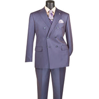 VINCI Men's Dusty Purple Sharkskin Double-Breasted Classic Fit Suit with Adjustable Waist – NEW. Features a peak lapel with pick stitch finish, upscale lining, and flat-front pants with flexible waistband and unfinished hems for custom tailoring. A refined and versatile suit for professional or evening wear. Available at Fashion House Inc. (FH Menswear, Style #DRK-5)