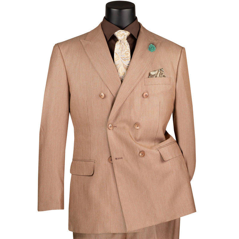 VINCI Men's Mocha Sharkskin Double-Breasted Classic Fit Suit with Adjustable Waist – NEW. Features a peak lapel with pick stitch finish, upscale lining, and flat-front pants with flexible waistband and unfinished hems for custom tailoring. A refined and versatile suit for professional or evening wear. Available at Fashion House Inc. (FH Menswear, Style #DRK-5)