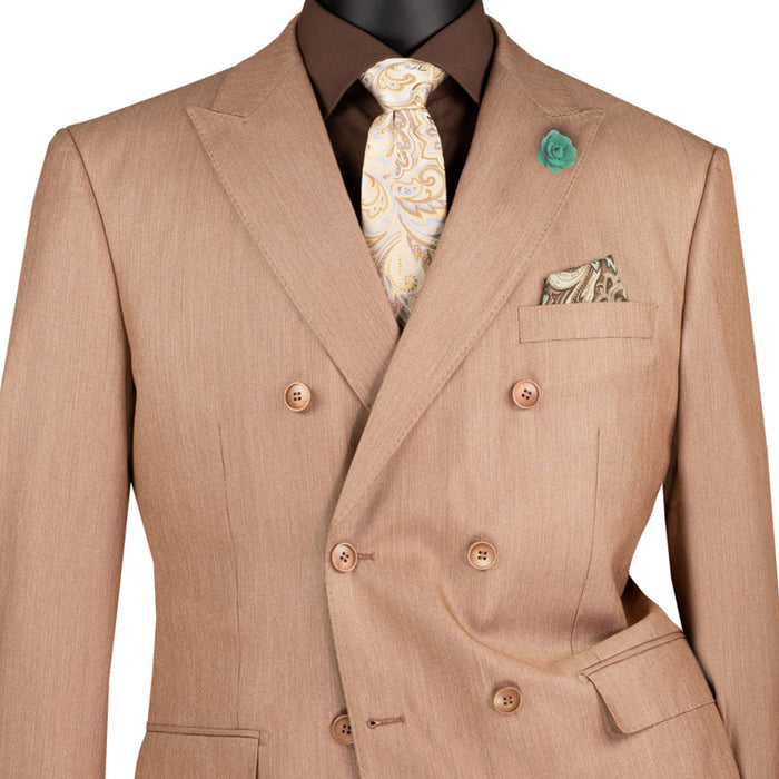 VINCI Men's Mocha Sharkskin Double-Breasted Classic Fit Suit with Adjustable Waist – NEW. Features a peak lapel with pick stitch finish, upscale lining, and flat-front pants with flexible waistband and unfinished hems for custom tailoring. A refined and versatile suit for professional or evening wear. Available at Fashion House Inc. (FH Menswear, Style #DRK-5)