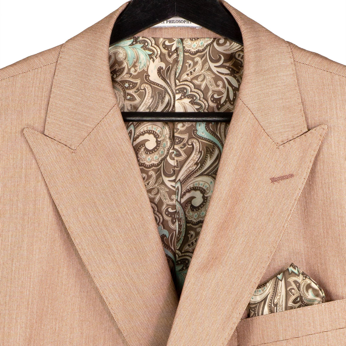 VINCI Men's Mocha Sharkskin Double-Breasted Classic Fit Suit with Adjustable Waist – NEW. Features a peak lapel with pick stitch finish, upscale lining, and flat-front pants with flexible waistband and unfinished hems for custom tailoring. A refined and versatile suit for professional or evening wear. Available at Fashion House Inc. (FH Menswear, Style #DRK-5)