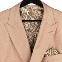 VINCI Men's Mocha Sharkskin Double-Breasted Classic Fit Suit with Adjustable Waist – NEW. Features a peak lapel with pick stitch finish, upscale lining, and flat-front pants with flexible waistband and unfinished hems for custom tailoring. A refined and versatile suit for professional or evening wear. Available at Fashion House Inc. (FH Menswear, Style #DRK-5)