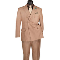 VINCI Men's Mocha Sharkskin Double-Breasted Classic Fit Suit with Adjustable Waist – NEW. Features a peak lapel with pick stitch finish, upscale lining, and flat-front pants with flexible waistband and unfinished hems for custom tailoring. A refined and versatile suit for professional or evening wear. Available at Fashion House Inc. (FH Menswear, Style #DRK-5)