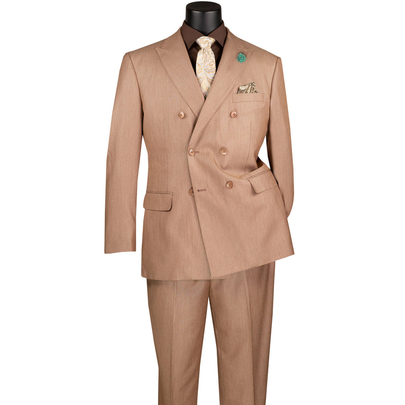 VINCI Men's Mocha Sharkskin Double-Breasted Classic Fit Suit with Adjustable Waist – NEW. Features a peak lapel with pick stitch finish, upscale lining, and flat-front pants with flexible waistband and unfinished hems for custom tailoring. A refined and versatile suit for professional or evening wear. Available at Fashion House Inc. (FH Menswear, Style #DRK-5)