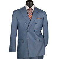 VINCI Men's Smoke Blue Sharkskin Double-Breasted Classic Fit Suit with Adjustable Waist – NEW. Features a peak lapel with pick stitch finish, upscale lining, and flat-front pants with flexible waistband and unfinished hems for custom tailoring. A refined and versatile suit for professional or evening wear. Available at Fashion House Inc. (FH Menswear, Style #DRK-5)