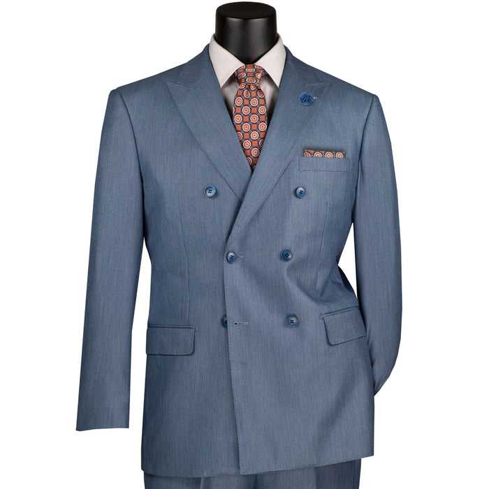 VINCI Men's Smoke Blue Sharkskin Double-Breasted Classic Fit Suit with Adjustable Waist – NEW. Features a peak lapel with pick stitch finish, upscale lining, and flat-front pants with flexible waistband and unfinished hems for custom tailoring. A refined and versatile suit for professional or evening wear. Available at Fashion House Inc. (FH Menswear, Style #DRK-5)