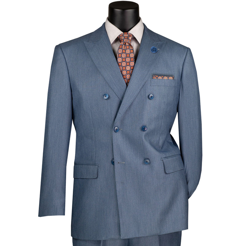 VINCI Men's Smoke Blue Sharkskin Double-Breasted Classic Fit Suit with Adjustable Waist – NEW. Features a peak lapel with pick stitch finish, upscale lining, and flat-front pants with flexible waistband and unfinished hems for custom tailoring. A refined and versatile suit for professional or evening wear. Available at Fashion House Inc. (FH Menswear, Style #DRK-5)