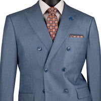 VINCI Men's Smoke Blue Sharkskin Double-Breasted Classic Fit Suit with Adjustable Waist – NEW. Features a peak lapel with pick stitch finish, upscale lining, and flat-front pants with flexible waistband and unfinished hems for custom tailoring. A refined and versatile suit for professional or evening wear. Available at Fashion House Inc. (FH Menswear, Style #DRK-5)