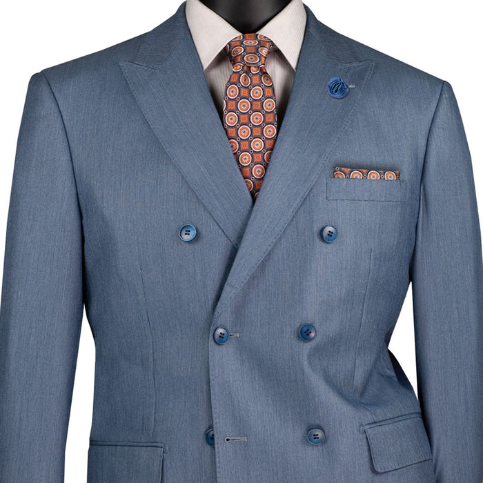VINCI Men's Smoke Blue Sharkskin Double-Breasted Classic Fit Suit with Adjustable Waist – NEW. Features a peak lapel with pick stitch finish, upscale lining, and flat-front pants with flexible waistband and unfinished hems for custom tailoring. A refined and versatile suit for professional or evening wear. Available at Fashion House Inc. (FH Menswear, Style #DRK-5)