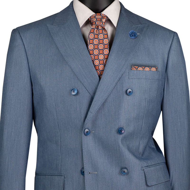 VINCI Men's Smoke Blue Sharkskin Double-Breasted Classic Fit Suit with Adjustable Waist – NEW. Features a peak lapel with pick stitch finish, upscale lining, and flat-front pants with flexible waistband and unfinished hems for custom tailoring. A refined and versatile suit for professional or evening wear. Available at Fashion House Inc. (FH Menswear, Style #DRK-5)