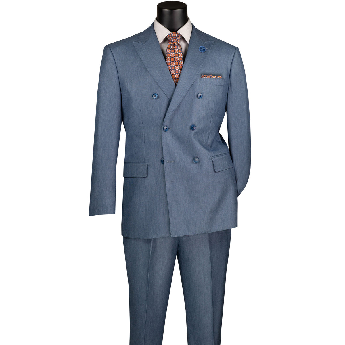 VINCI Men's Smoke Blue Sharkskin Double-Breasted Classic Fit Suit with Adjustable Waist – NEW. Features a peak lapel with pick stitch finish, upscale lining, and flat-front pants with flexible waistband and unfinished hems for custom tailoring. A refined and versatile suit for professional or evening wear. Available at Fashion House Inc. (FH Menswear, Style #DRK-5)