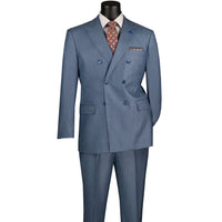 VINCI Men's Smoke Blue Sharkskin Double-Breasted Classic Fit Suit with Adjustable Waist – NEW. Features a peak lapel with pick stitch finish, upscale lining, and flat-front pants with flexible waistband and unfinished hems for custom tailoring. A refined and versatile suit for professional or evening wear. Available at Fashion House Inc. (FH Menswear, Style #DRK-5)