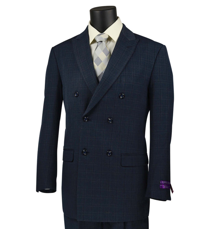 VINCI Men's Navy Blue Plaid Double-Breasted Classic Fit Suit with Pleated Pants – NEW. Features a sharp peak lapel jacket with bold plaid pattern and pleated pants with unfinished hems for custom tailoring. A refined, timeless choice for business or formal occasions. Available at Fashion House Inc. (FH Menswear, Style #DRW-15)