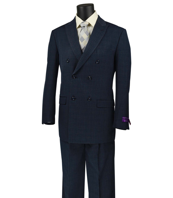 VINCI Men's Navy Blue Plaid Double-Breasted Classic Fit Suit with Pleated Pants – NEW. Features a sharp peak lapel jacket with bold plaid pattern and pleated pants with unfinished hems for custom tailoring. A refined, timeless choice for business or formal occasions. Available at Fashion House Inc. (FH Menswear, Style #DRW-15)