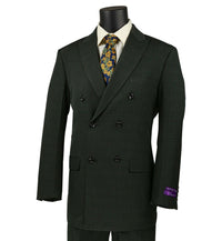 VINCI Men's Olive Green Plaid Double-Breasted Classic Fit Suit with Pleated Pants – NEW. Features a sharp peak lapel jacket with bold plaid pattern and pleated pants with unfinished hems for custom tailoring. A refined, timeless choice for business or formal occasions. Available at Fashion House Inc. (FH Menswear, Style #DRW-15)