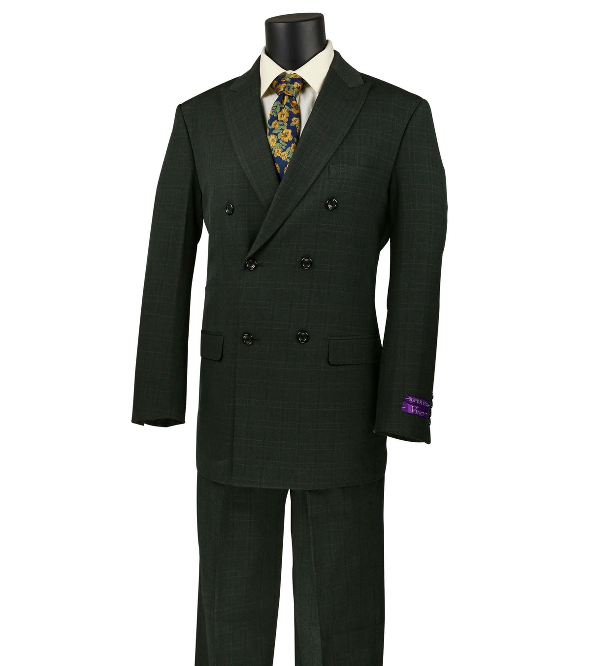 VINCI Men's Olive Green Plaid Double-Breasted Classic Fit Suit with Pleated Pants – NEW. Features a sharp peak lapel jacket with bold plaid pattern and pleated pants with unfinished hems for custom tailoring. A refined, timeless choice for business or formal occasions. Available at Fashion House Inc. (FH Menswear, Style #DRW-15)