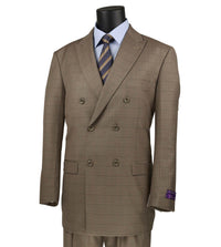 VINCI Men's Tan Plaid Double-Breasted Classic Fit Suit with Pleated Pants – NEW. Features a sharp peak lapel jacket with bold plaid pattern and pleated pants with unfinished hems for custom tailoring. A refined, timeless choice for business or formal occasions. Available at Fashion House Inc. (FH Menswear, Style #DRW-15)