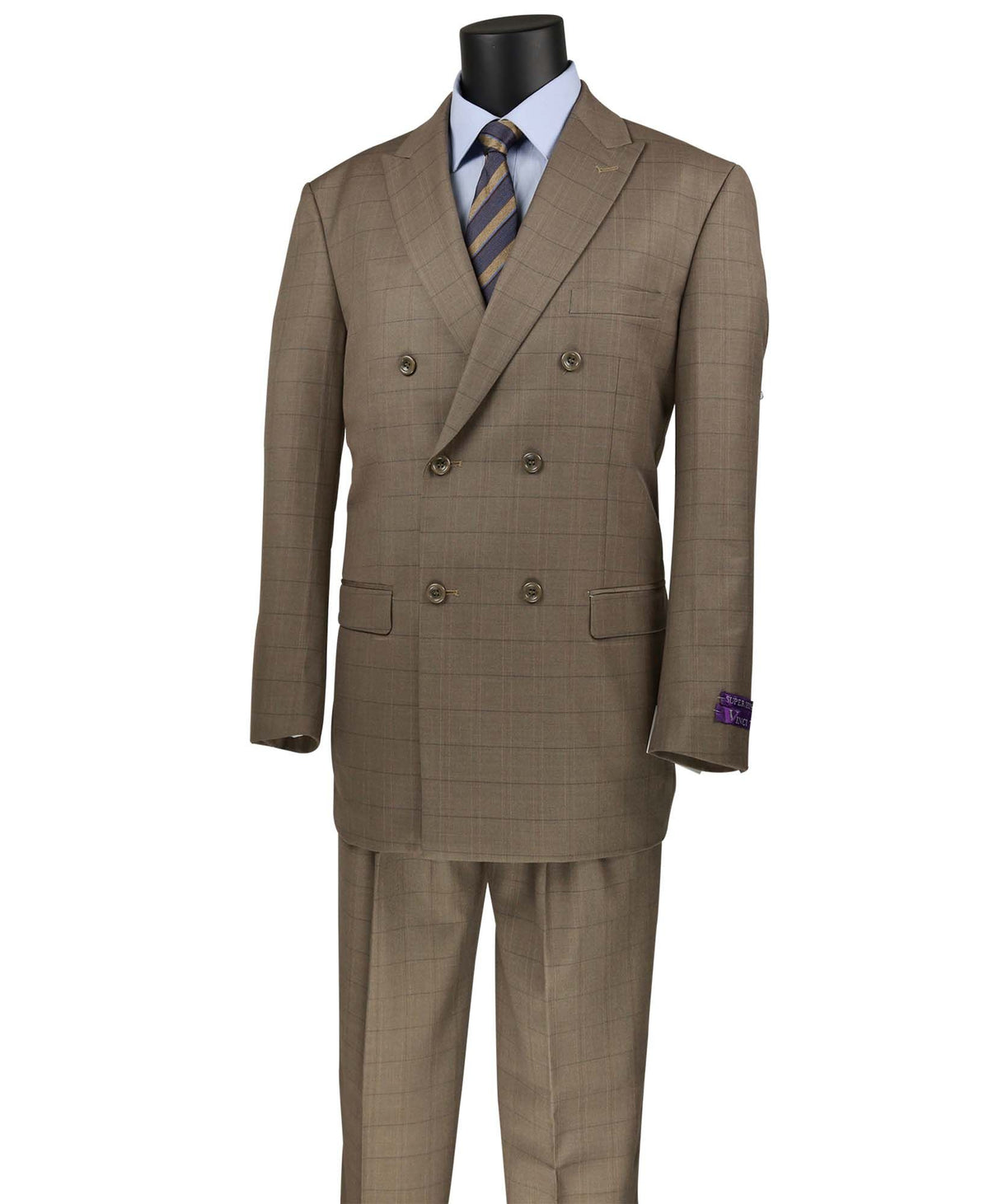 VINCI Men's Tan Plaid Double-Breasted Classic Fit Suit with Pleated Pants – NEW. Features a sharp peak lapel jacket with bold plaid pattern and pleated pants with unfinished hems for custom tailoring. A refined, timeless choice for business or formal occasions. Available at Fashion House Inc. (FH Menswear, Style #DRW-15)