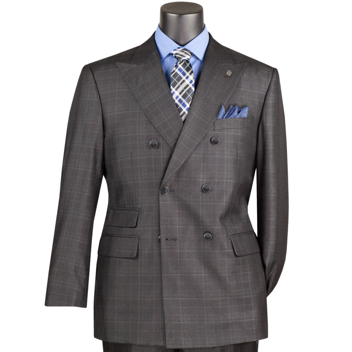 VINCI Men's Black Sharkskin Glen Plaid Double Breasted Regular Fit Suit NEW. Features a sharp peak lapel, fully lined double breasted jacket, refined sharkskin Glen Plaid pattern, and flat front pants with a flexible comfort waistband and unfinished hems for custom tailoring. A classic men's suit for business, office, weddings, formal events, and evening wear. Available at Fashion House Inc. (FH Menswear, Style #DRW-7)