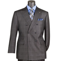 VINCI Men's Black Sharkskin Glen Plaid Double Breasted Regular Fit Suit NEW. Features a sharp peak lapel, fully lined double breasted jacket, refined sharkskin Glen Plaid pattern, and flat front pants with a flexible comfort waistband and unfinished hems for custom tailoring. A classic men's suit for business, office, weddings, formal events, and evening wear. Available at Fashion House Inc. (FH Menswear, Style #DRW-7)