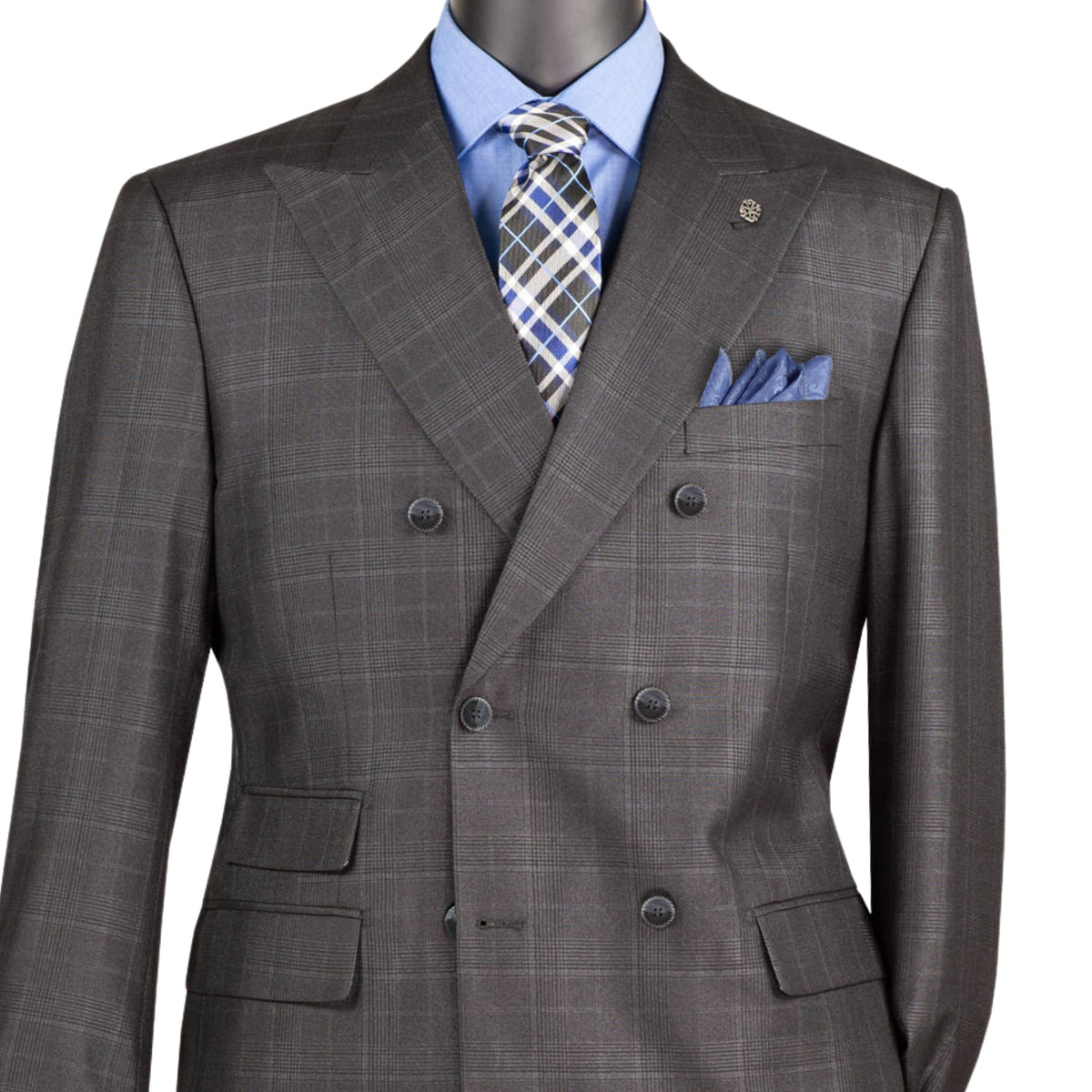 VINCI Men's Black Sharkskin Glen Plaid Double Breasted Regular Fit Suit NEW. Features a sharp peak lapel, fully lined double breasted jacket, refined sharkskin Glen Plaid pattern, and flat front pants with a flexible comfort waistband and unfinished hems for custom tailoring. A classic men's suit for business, office, weddings, formal events, and evening wear. Available at Fashion House Inc. (FH Menswear, Style #DRW-7)