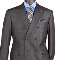 VINCI Men's Black Sharkskin Glen Plaid Double Breasted Regular Fit Suit NEW. Features a sharp peak lapel, fully lined double breasted jacket, refined sharkskin Glen Plaid pattern, and flat front pants with a flexible comfort waistband and unfinished hems for custom tailoring. A classic men's suit for business, office, weddings, formal events, and evening wear. Available at Fashion House Inc. (FH Menswear, Style #DRW-7)