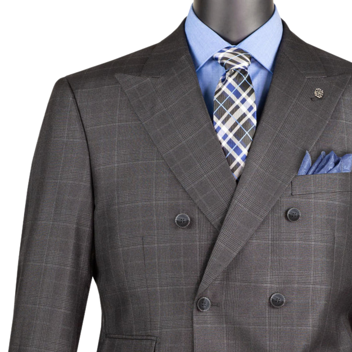 VINCI Men's Black Sharkskin Glen Plaid Double Breasted Regular Fit Suit NEW. Features a sharp peak lapel, fully lined double breasted jacket, refined sharkskin Glen Plaid pattern, and flat front pants with a flexible comfort waistband and unfinished hems for custom tailoring. A classic men's suit for business, office, weddings, formal events, and evening wear. Available at Fashion House Inc. (FH Menswear, Style #DRW-7)