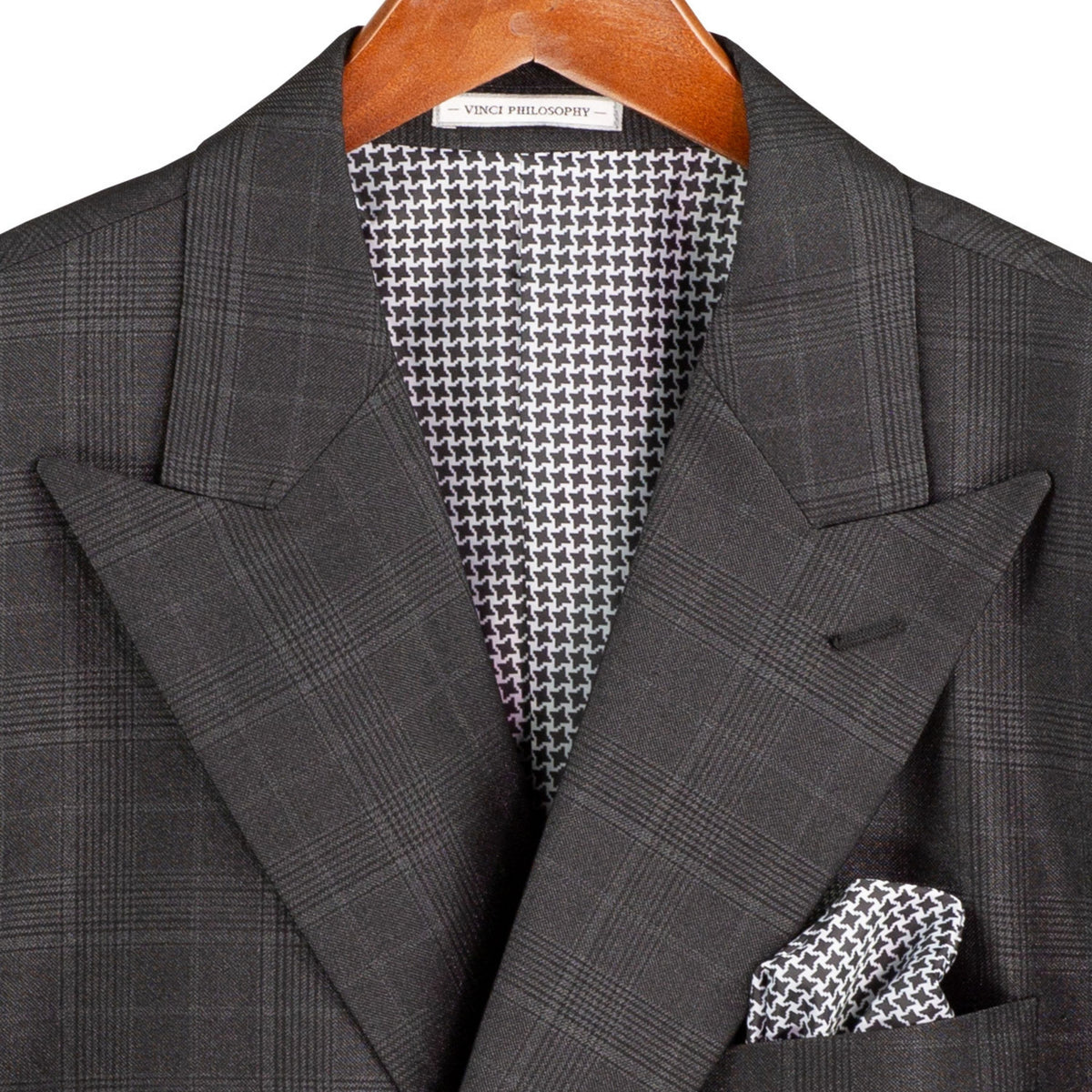 VINCI Men's Black Sharkskin Glen Plaid Double Breasted Regular Fit Suit NEW. Features a sharp peak lapel, fully lined double breasted jacket, refined sharkskin Glen Plaid pattern, and flat front pants with a flexible comfort waistband and unfinished hems for custom tailoring. A classic men's suit for business, office, weddings, formal events, and evening wear. Available at Fashion House Inc. (FH Menswear, Style #DRW-7)