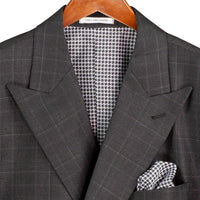 VINCI Men's Black Sharkskin Glen Plaid Double Breasted Regular Fit Suit NEW. Features a sharp peak lapel, fully lined double breasted jacket, refined sharkskin Glen Plaid pattern, and flat front pants with a flexible comfort waistband and unfinished hems for custom tailoring. A classic men's suit for business, office, weddings, formal events, and evening wear. Available at Fashion House Inc. (FH Menswear, Style #DRW-7)