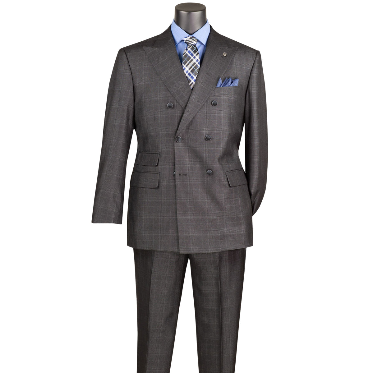 VINCI Men's Black Sharkskin Glen Plaid Double Breasted Regular Fit Suit NEW. Features a sharp peak lapel, fully lined double breasted jacket, refined sharkskin Glen Plaid pattern, and flat front pants with a flexible comfort waistband and unfinished hems for custom tailoring. A classic men's suit for business, office, weddings, formal events, and evening wear. Available at Fashion House Inc. (FH Menswear, Style #DRW-7)