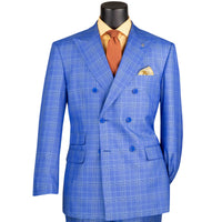 VINCI Men's Nautic Blue Sharkskin Glen Plaid Double Breasted Regular Fit Suit NEW. Features a sharp peak lapel, fully lined double breasted jacket, refined sharkskin Glen Plaid pattern, and flat front pants with a flexible comfort waistband and unfinished hems for custom tailoring. A classic men's suit for business, office, weddings, formal events, and evening wear. Available at Fashion House Inc. (FH Menswear, Style #DRW-7)