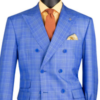 VINCI Men's Nautic Blue Sharkskin Glen Plaid Double Breasted Regular Fit Suit NEW. Features a sharp peak lapel, fully lined double breasted jacket, refined sharkskin Glen Plaid pattern, and flat front pants with a flexible comfort waistband and unfinished hems for custom tailoring. A classic men's suit for business, office, weddings, formal events, and evening wear. Available at Fashion House Inc. (FH Menswear, Style #DRW-7)