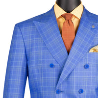 VINCI Men's Nautic Blue Sharkskin Glen Plaid Double Breasted Regular Fit Suit NEW. Features a sharp peak lapel, fully lined double breasted jacket, refined sharkskin Glen Plaid pattern, and flat front pants with a flexible comfort waistband and unfinished hems for custom tailoring. A classic men's suit for business, office, weddings, formal events, and evening wear. Available at Fashion House Inc. (FH Menswear, Style #DRW-7)