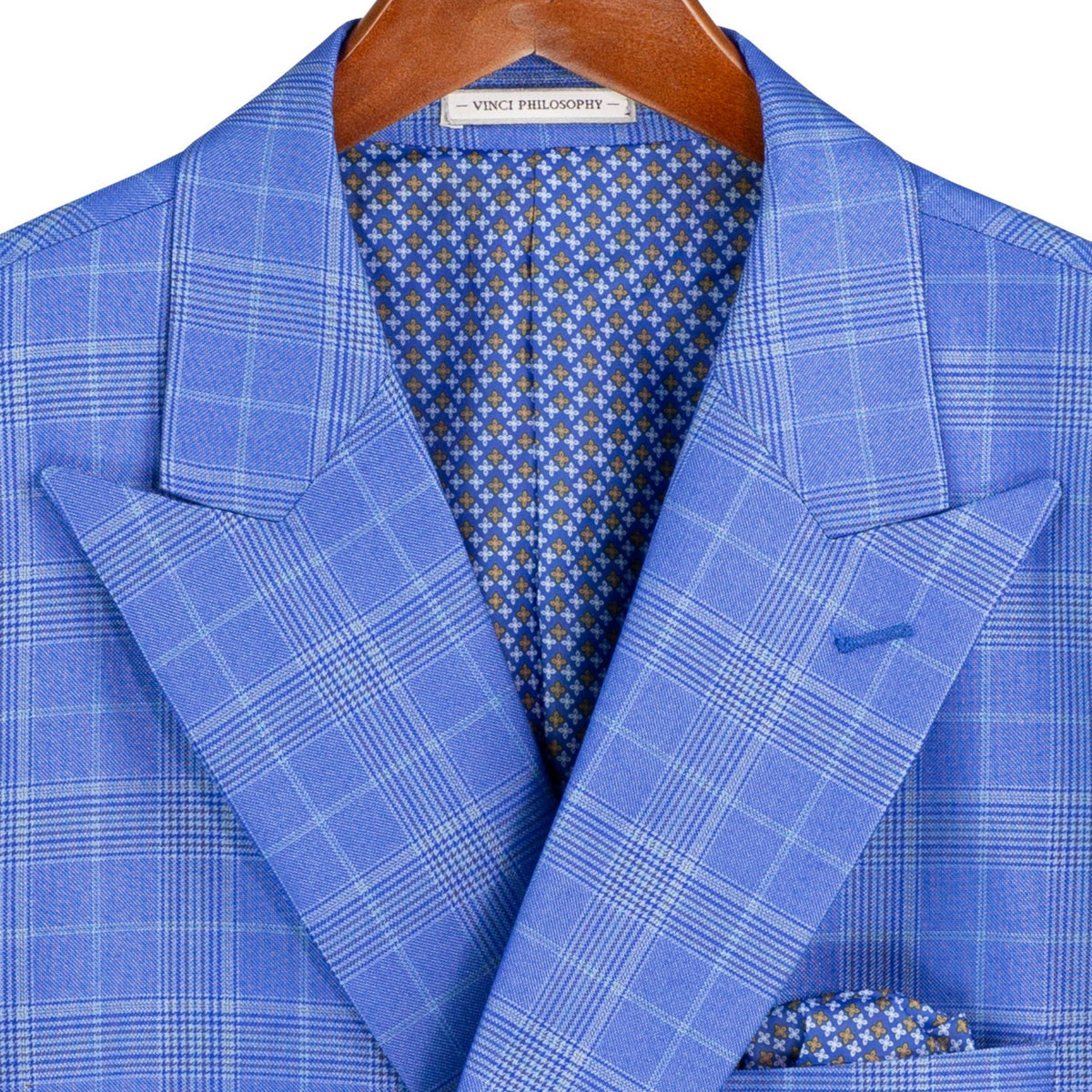 VINCI Men's Nautic Blue Sharkskin Glen Plaid Double Breasted Regular Fit Suit NEW. Features a sharp peak lapel, fully lined double breasted jacket, refined sharkskin Glen Plaid pattern, and flat front pants with a flexible comfort waistband and unfinished hems for custom tailoring. A classic men's suit for business, office, weddings, formal events, and evening wear. Available at Fashion House Inc. (FH Menswear, Style #DRW-7)