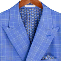 VINCI Men's Nautic Blue Sharkskin Glen Plaid Double Breasted Regular Fit Suit NEW. Features a sharp peak lapel, fully lined double breasted jacket, refined sharkskin Glen Plaid pattern, and flat front pants with a flexible comfort waistband and unfinished hems for custom tailoring. A classic men's suit for business, office, weddings, formal events, and evening wear. Available at Fashion House Inc. (FH Menswear, Style #DRW-7)