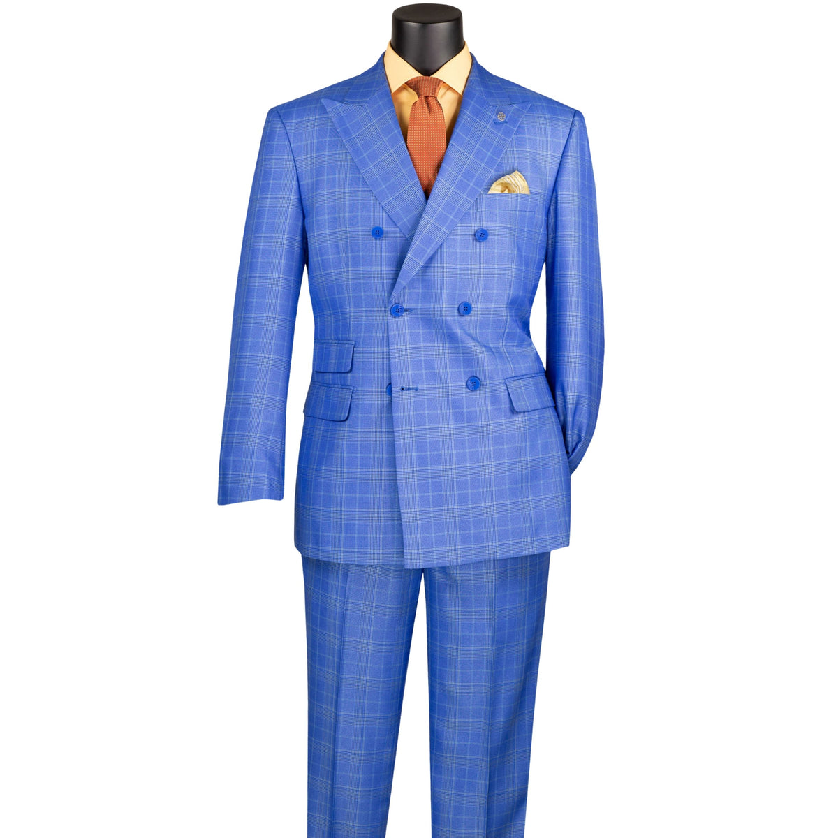 VINCI Men's Nautic Blue Sharkskin Glen Plaid Double Breasted Regular Fit Suit NEW. Features a sharp peak lapel, fully lined double breasted jacket, refined sharkskin Glen Plaid pattern, and flat front pants with a flexible comfort waistband and unfinished hems for custom tailoring. A classic men's suit for business, office, weddings, formal events, and evening wear. Available at Fashion House Inc. (FH Menswear, Style #DRW-7)