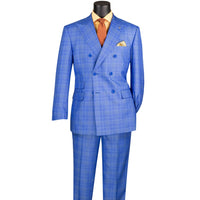VINCI Men's Nautic Blue Sharkskin Glen Plaid Double Breasted Regular Fit Suit NEW. Features a sharp peak lapel, fully lined double breasted jacket, refined sharkskin Glen Plaid pattern, and flat front pants with a flexible comfort waistband and unfinished hems for custom tailoring. A classic men's suit for business, office, weddings, formal events, and evening wear. Available at Fashion House Inc. (FH Menswear, Style #DRW-7)