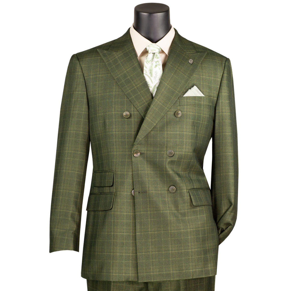VINCI Men's Olive Green Sharkskin Glen Plaid Double Breasted Regular Fit Suit NEW. Features a sharp peak lapel, fully lined double breasted jacket, refined sharkskin Glen Plaid pattern, and flat front pants with a flexible comfort waistband and unfinished hems for custom tailoring. A classic men's suit for business, office, weddings, formal events, and evening wear. Available at Fashion House Inc. (FH Menswear, Style #DRW-7)