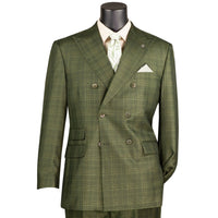 VINCI Men's Olive Green Sharkskin Glen Plaid Double Breasted Regular Fit Suit NEW. Features a sharp peak lapel, fully lined double breasted jacket, refined sharkskin Glen Plaid pattern, and flat front pants with a flexible comfort waistband and unfinished hems for custom tailoring. A classic men's suit for business, office, weddings, formal events, and evening wear. Available at Fashion House Inc. (FH Menswear, Style #DRW-7)