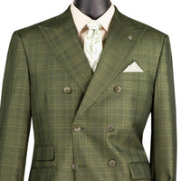 VINCI Men's Olive Green Sharkskin Glen Plaid Double Breasted Regular Fit Suit NEW. Features a sharp peak lapel, fully lined double breasted jacket, refined sharkskin Glen Plaid pattern, and flat front pants with a flexible comfort waistband and unfinished hems for custom tailoring. A classic men's suit for business, office, weddings, formal events, and evening wear. Available at Fashion House Inc. (FH Menswear, Style #DRW-7)