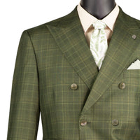 VINCI Men's Olive Green Sharkskin Glen Plaid Double Breasted Regular Fit Suit NEW. Features a sharp peak lapel, fully lined double breasted jacket, refined sharkskin Glen Plaid pattern, and flat front pants with a flexible comfort waistband and unfinished hems for custom tailoring. A classic men's suit for business, office, weddings, formal events, and evening wear. Available at Fashion House Inc. (FH Menswear, Style #DRW-7)