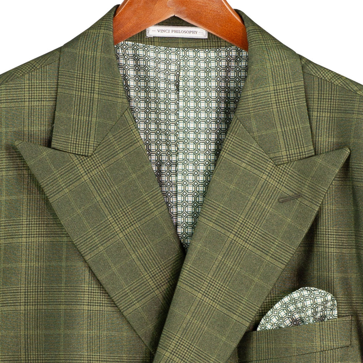 VINCI Men's Olive Green Sharkskin Glen Plaid Double Breasted Regular Fit Suit NEW. Features a sharp peak lapel, fully lined double breasted jacket, refined sharkskin Glen Plaid pattern, and flat front pants with a flexible comfort waistband and unfinished hems for custom tailoring. A classic men's suit for business, office, weddings, formal events, and evening wear. Available at Fashion House Inc. (FH Menswear, Style #DRW-7)