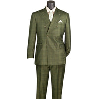 VINCI Men's Olive Green Sharkskin Glen Plaid Double Breasted Regular Fit Suit NEW. Features a sharp peak lapel, fully lined double breasted jacket, refined sharkskin Glen Plaid pattern, and flat front pants with a flexible comfort waistband and unfinished hems for custom tailoring. A classic men's suit for business, office, weddings, formal events, and evening wear. Available at Fashion House Inc. (FH Menswear, Style #DRW-7)