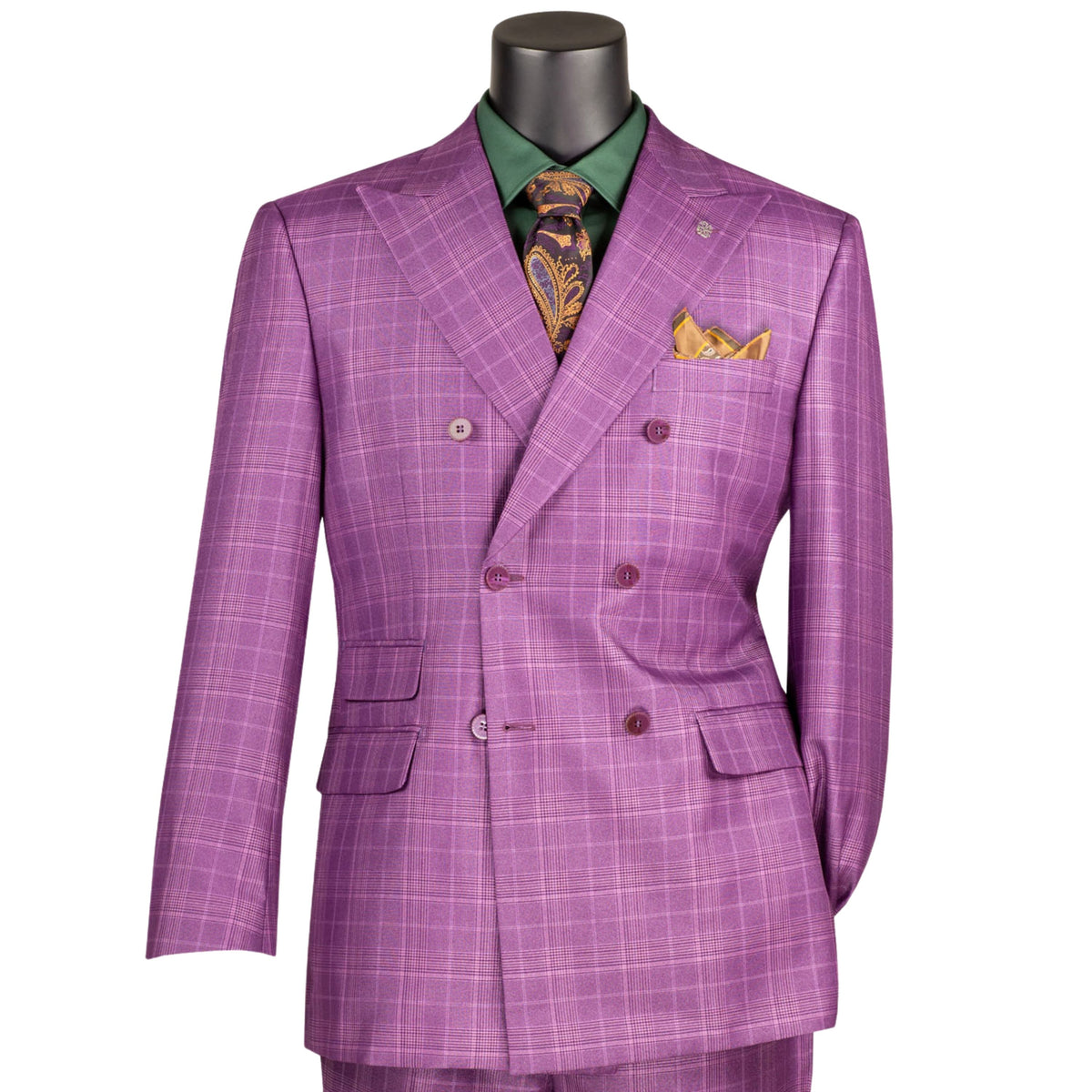 VINCI Men's Plum Sharkskin Glen Plaid Double Breasted Regular Fit Suit NEW. Features a sharp peak lapel, fully lined double breasted jacket, refined sharkskin Glen Plaid pattern, and flat front pants with a flexible comfort waistband and unfinished hems for custom tailoring. A classic men's suit for business, office, weddings, formal events, and evening wear. Available at Fashion House Inc. (FH Menswear, Style #DRW-7)