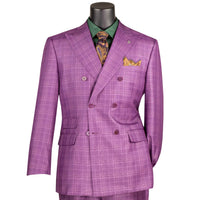 VINCI Men's Plum Sharkskin Glen Plaid Double Breasted Regular Fit Suit NEW. Features a sharp peak lapel, fully lined double breasted jacket, refined sharkskin Glen Plaid pattern, and flat front pants with a flexible comfort waistband and unfinished hems for custom tailoring. A classic men's suit for business, office, weddings, formal events, and evening wear. Available at Fashion House Inc. (FH Menswear, Style #DRW-7)