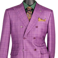 VINCI Men's Plum Sharkskin Glen Plaid Double Breasted Regular Fit Suit NEW. Features a sharp peak lapel, fully lined double breasted jacket, refined sharkskin Glen Plaid pattern, and flat front pants with a flexible comfort waistband and unfinished hems for custom tailoring. A classic men's suit for business, office, weddings, formal events, and evening wear. Available at Fashion House Inc. (FH Menswear, Style #DRW-7)