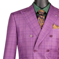 VINCI Men's Plum Sharkskin Glen Plaid Double Breasted Regular Fit Suit NEW. Features a sharp peak lapel, fully lined double breasted jacket, refined sharkskin Glen Plaid pattern, and flat front pants with a flexible comfort waistband and unfinished hems for custom tailoring. A classic men's suit for business, office, weddings, formal events, and evening wear. Available at Fashion House Inc. (FH Menswear, Style #DRW-7)